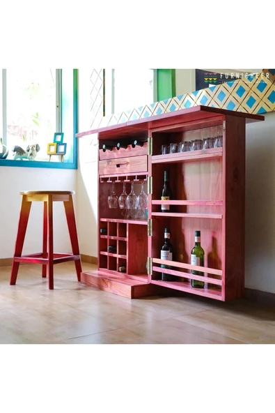 Mywoodteks Ahşap Pembe Bar Dolabı Alkol Dolabı Içki Dolabı Çok Amaçlı Dolap - 2
