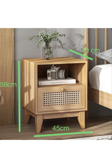 One Design Masif Ahşap Komodin&Yan Sehpa Hazeran Çekmeceli Raflı Komodin 2 Adet - Resim 3