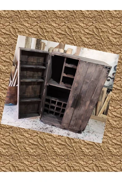 Balıkesir Ada Sanat Ahşap Eskitme Bar Dolabı Ünitesi Antik - 5