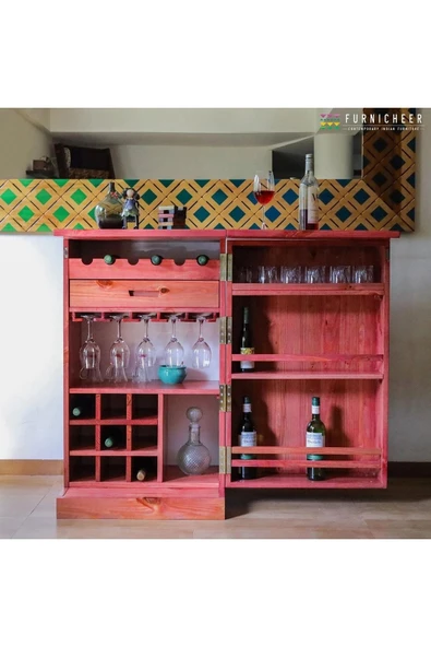 Mywoodteks Ahşap Pembe Bar Dolabı Alkol Dolabı Içki Dolabı Çok Amaçlı Dolap - 6