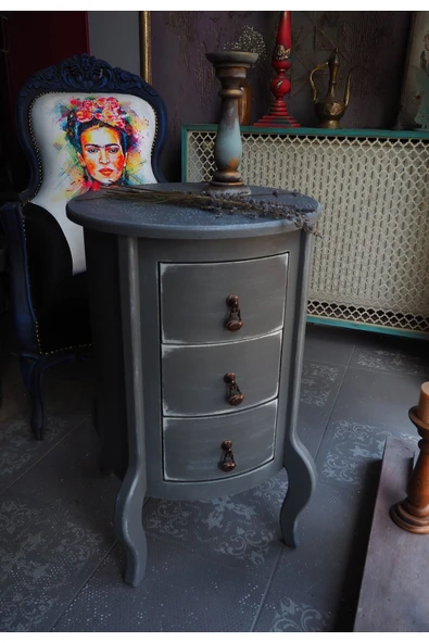 Moza Sanat Gri  Eskitme 3 Çekmeceli Vintage Komodin - 5