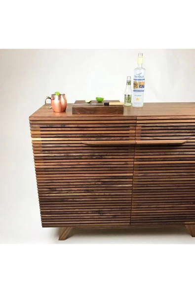 Mywoodteks Ahşap Bar Dolabı - Modern Şerit Detaylı, Şarap Ve Bardak Saklama Ünitesi - 4