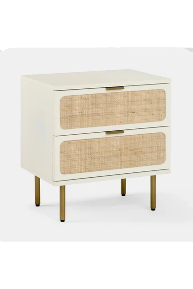 One Design Masif Ahşap Komodin Hasır Çekmeceli Komodin Beyaz Sehpa Beyaz Mobilya - Resim 2