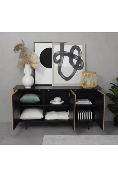 One Design Masif Siyah Konsol Yemek Odası Konsolu Şık Ahşap Konsol 80X150X45 - Resim 2