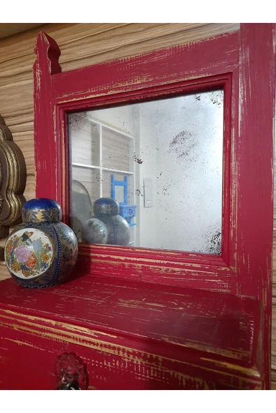 Vintage House Ahşap Vintage Duvar Dekoru, Eskitme Aynalı Dolap, Rustik Çekmeceli Ayna Çerçevesi, Retro Dresuar - 5
