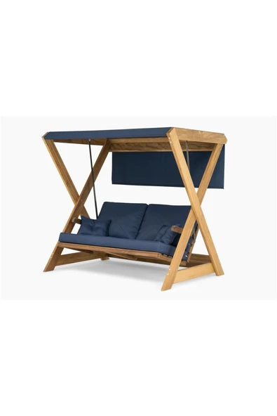 Modelsan Holox Yataklı Iroko Ahşap Salıncak Dış Mekan Bahçe, Teras Salıncağı -Lacivert