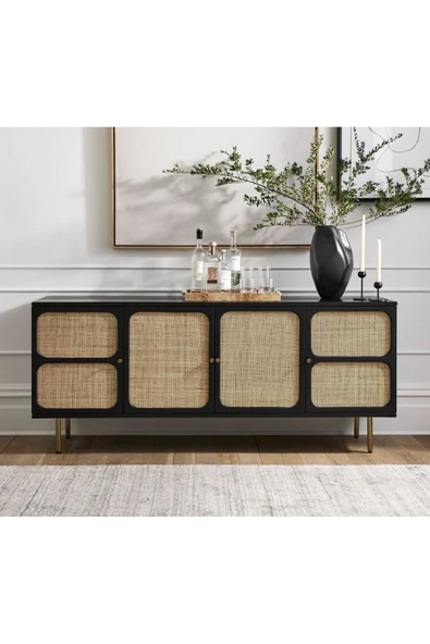 One Design Ahşap Konsol Mobilya Hasır Konsol Hasır Mobilya Siyah Ahşap Konsol 75X175X43 - 1