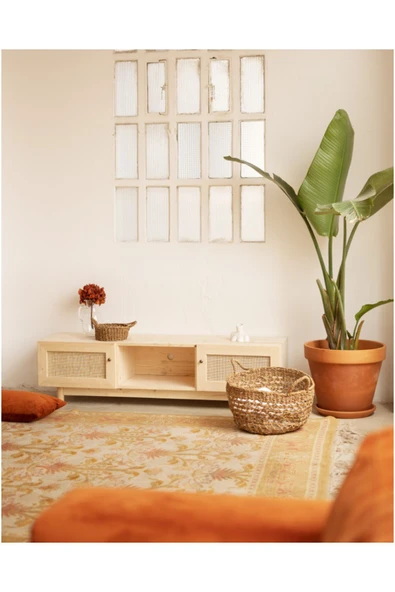 One Design Masif Ahşap Tv Ünitesi Konsolu Hasır Kapaklı Ceviz Renk 150Cm - 3