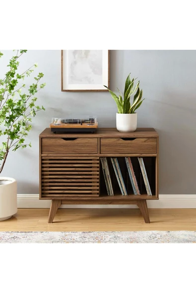 One Design Ahşap Konsol Pikap Dolabı Sürgülü Kapaklı Konsol Dresuar Plak Dolabı ürün görseli