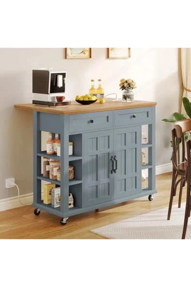 Yıtahome Modern Tekerlekli Mutfak Adası  Açılır Kanat, Şarj İstasyonu  Çok Amaçlı Kullanım - 2