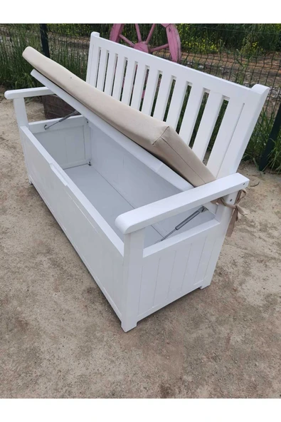 BUĞLEM 120 45 45h Şükran Dekor Beyaz Ahşap Bahçe Teras Ev Sandıklı Sedir Bank Depolama Sandığı ürün görseli