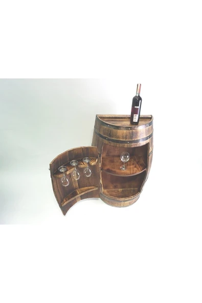 Masifart Yarımay Kapaklı Fıçı Mini Bar Yakarak Eskitme - 5