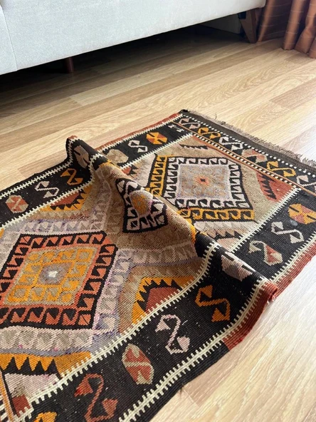 58x90 cm El Dokuma Renkli Küçük Antik Halı, Vintage Tutkunları için Anadolu Yün Halısı - 8