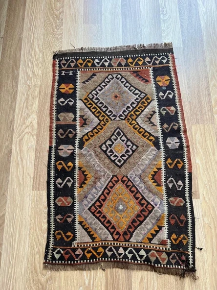 58x90 cm El Dokuma Renkli Küçük Antik Halı, Vintage Tutkunları için Anadolu Yün Halısı - 9