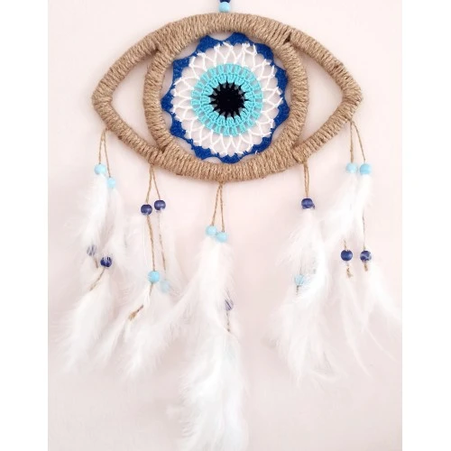 Göz Model Nazar Boncuğu Motifli Kuş Tüylü El Yapımı Düş Kapanı Duvar Dekoru - 2