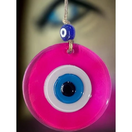 Şeffaf Pembe Nazar Boncuklu Duvar Süsü 10 Cm Cam Duvar Dekoru - 1