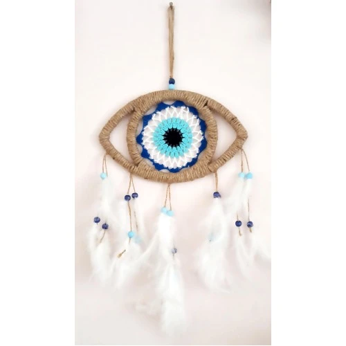 Göz Model Nazar Boncuğu Motifli Kuş Tüylü El Yapımı Düş Kapanı Duvar Dekoru - 3