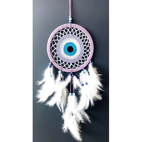 Nazar Boncuğu Motifli Lila Rengi Dream Catcher Düş Kapanı Duvar Süsü - 3