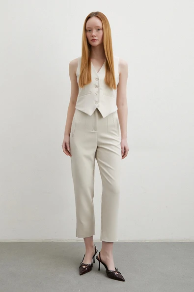 Önü Pensli Skinny Kumaş Pantolon Bej - Resim 3