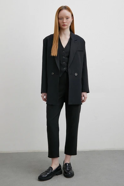 Önü Pensli Skinny Kumaş Pantolon Siyah - Resim 2