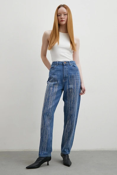 Taş İşlemeli Mom Jean Mavi - 3