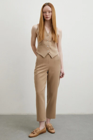 Önü Pensli Skinny Kumaş Pantolon Vizon - 2