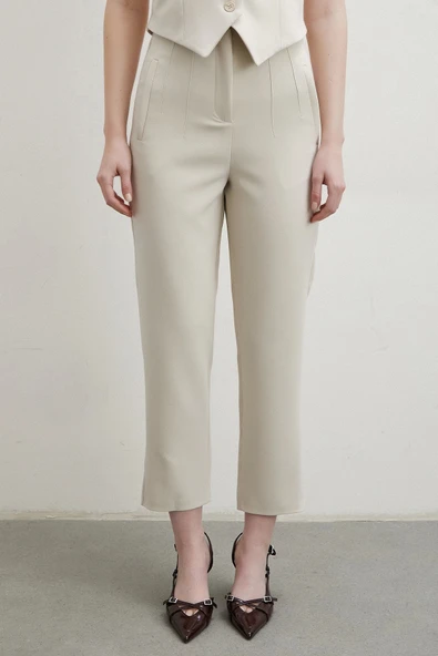 Önü Pensli Skinny Kumaş Pantolon Bej - Resim 5