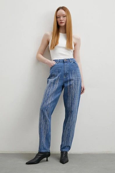 Taş İşlemeli Mom Jean Mavi - 4