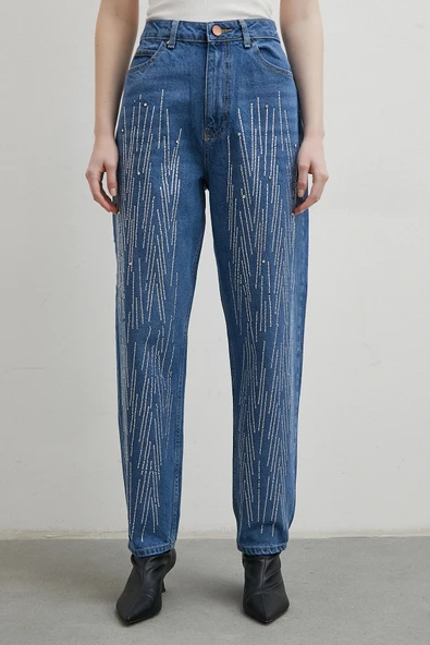 Taş İşlemeli Mom Jean Mavi - 5