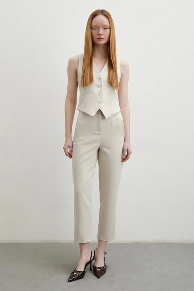 Önü Pensli Skinny Kumaş Pantolon Bej - Resim 2