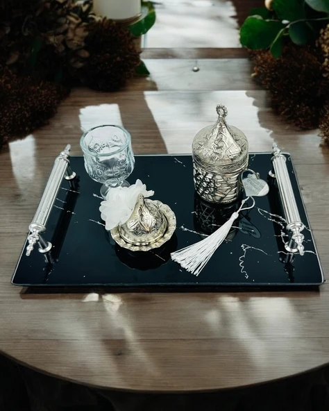 Vow Siyah Desenli Söz Tepsisi ve Damat Kahve Fincanı  BEYAZ-GÜMÜŞ - 3