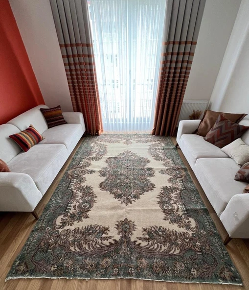 207 x 306 cm Büyük Boy Vintage Salon Halısı, Ender Desenli Harika Kondisyonlu, Çiçek Desenli