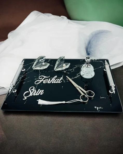 Vow Siyah Desenli Söz Tepsisi ve Damat Kahve Fincanı  BEYAZ-GÜMÜŞ - 2