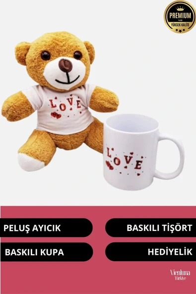 Özel Tasarım Sevgililer Doğum Günü Özel Kaliteli Romantik Love Tasarımlı Kahverengi Ayıcık Kupa Seti - 2