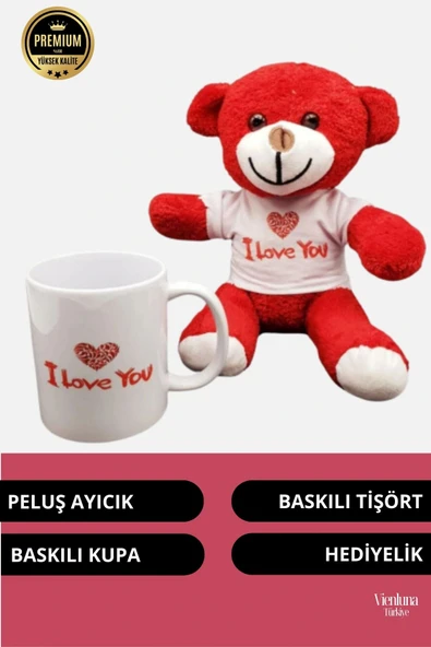 Premium Sevgililer Doğum Günü Özel Kaliteli Romantik I Love You Baskılı Kupa Kırmızı Ayıcık Seti - Resim 2