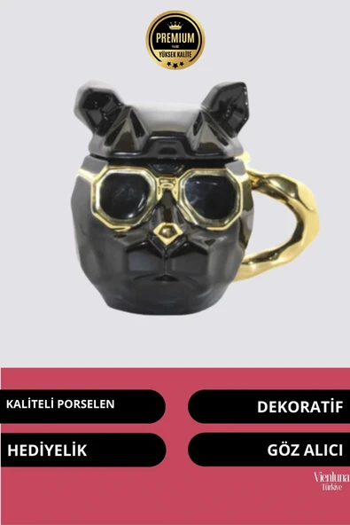Deluxe Tasarım Dekoratif Estetik Armağan Sevgili Arkadaş Porselen Altın Köpek Can Dost Kupa Bardak - 2
