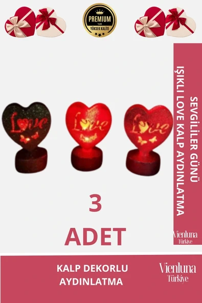 Yüksek Kalite Armağan Masa Yatak Odası Sevgi Aşk Temalı Işıklı Love Kalp 3'lü Set Aydınlatma
