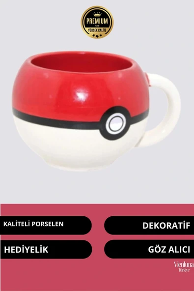 Deluxe Tasarım Dekoratif Estetik Armağan Sevgili Dost Aşk Arkadaş Porselen Pokemon Topu Kupa Bardak - 2