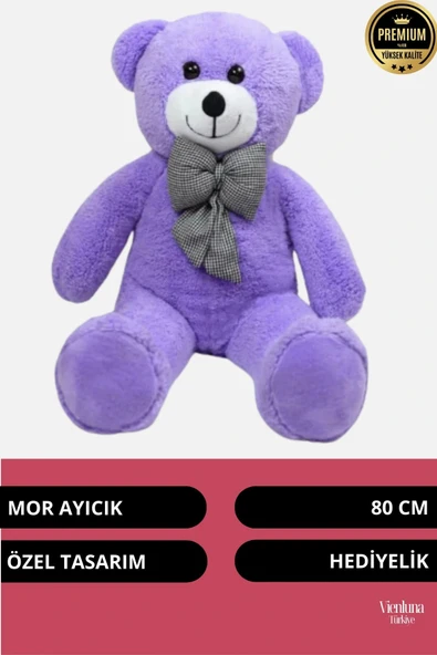 Özel Üretim Sevgililer Doğum Günü Hediye Manita Eş Sevgili Sevimli Papyonlu 80 Cm Mor Büyük Ayıcık - Resim 2
