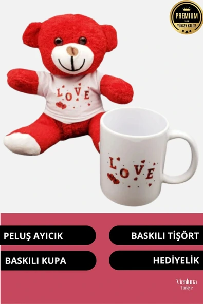 Özel Tasarım Sevgililer Doğum Günü Özel Kaliteli Romantik Love Baskılı Kupa Kırmızı Ayıcık Seti - Resim 2