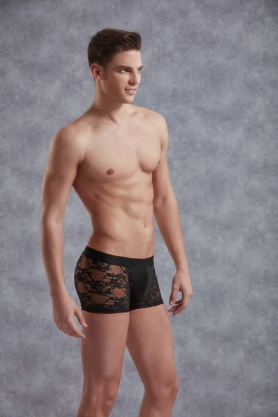 Doreanse Erkek Siyah Dantelli Çiçek Desenli Mini Paça Transparan Boxer 1952
