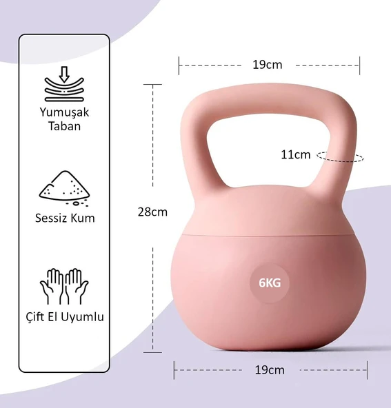 Valkyrie 6kg Soft Kettlebell Yumuşak Tabanlı Metal Kumlu  Ses Yapmaz Darbeye Dayanıklı Çift El Ağırlık - 4