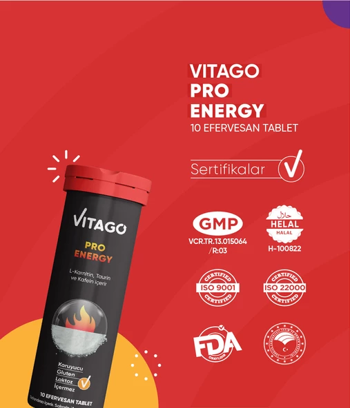 Vitago ProEnergy L-Karnitin, Taurin, Kafein İçeren Efervesan Tablet - 3