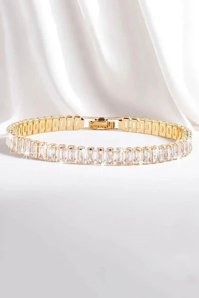 Kadın 316 L Çelik Vip Seri Antialerjik Baget Zirkon Taşlı Su Yolu Bileklik  Ölçüleri 17cm + 3 cm uzatma 7 MM Taş Boyutu ürün görseli