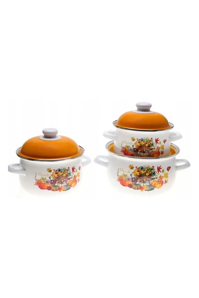 Ebru Metal Emaye Güveç Çiçek Desenli Midi 3'lü Tencere Seti 16/18/20 cm - Resim 2