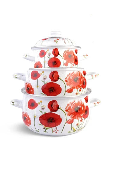 Ebru Metal Emaye Güveç Çiçek Desenli Midi 3'lü Tencere Seti 16/18/20 cm - Resim 2