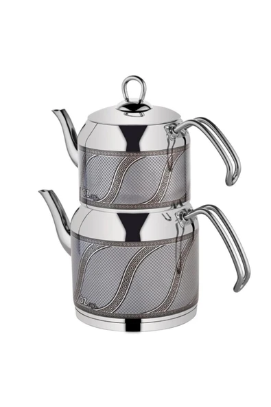 Özlife Enza Inox & Gri S Desen Orta Boy Çaydanlık Takımı 156g