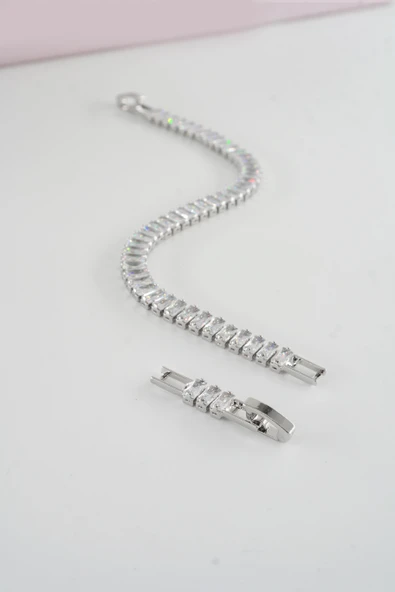 Kadın 316 L Çelik Vip Seri Antialerjik Baget Zirkon Taşlı Su Yolu Bileklik  Ölçüleri 17cm + 3 cm uzatma 6 MM Taş Boyutu - Resim 4