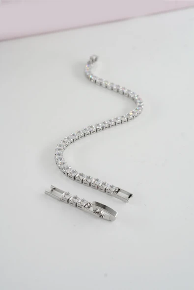 Kadın 316 L Çelik Vip Seri Antialerjik Baget Zirkon Taşlı Su Yolu Bileklik  Ölçüleri 17cm + 3 cm uzatma 4MM Taş Boyutu - Resim 6