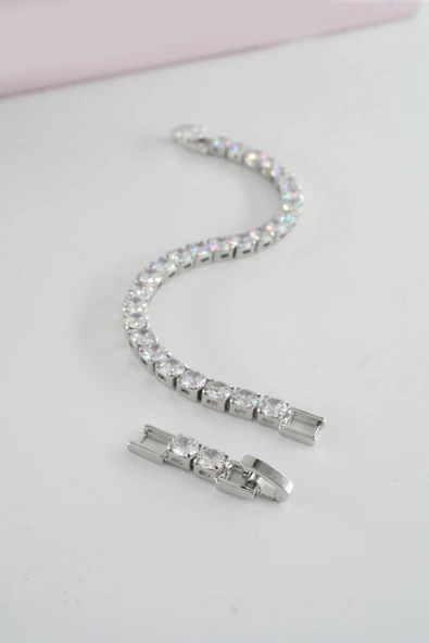 Kadın 316 L Çelik Vip Seri Antialerjik Baget Zirkon Taşlı Su Yolu Bileklik  Ölçüleri 17cm + 3 cm uzatma 5MM Taş Boyutu - Resim 4